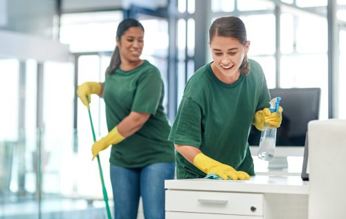 Shot of two young woman cleaning a modern office.